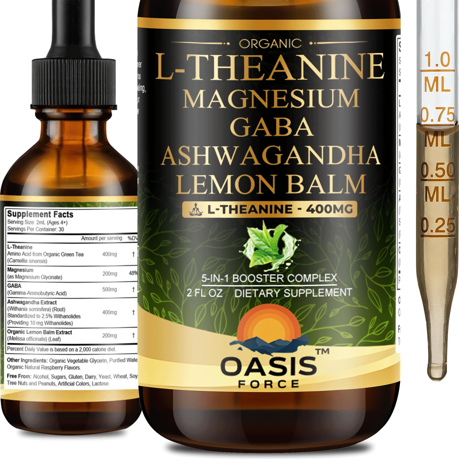 OASIS FORCE L Theanine 400mg Liquid Drops, L-Theanine Supplement for Adults & Kids with GABA, Magnesium & Ashwagandha, Natural Sleep, Focus & Relaxation Support, Vegan, Alcohol-Free, Non-GMO, 2 FL OZ