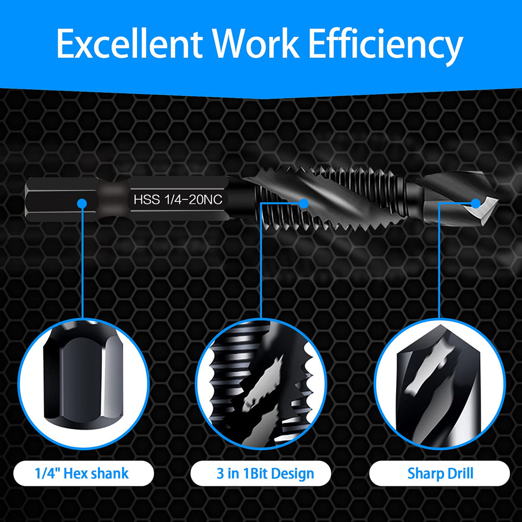 6-Piece 10-32NC Combination Drill Tap Countersink Bit Set SAE, Made of High-Speed Steel with Anti-Rust Blackened Coating, Ideal for Soft Metal, Wood & Plastic, 10-32NC Thread Size, 1/4” Hex Shank