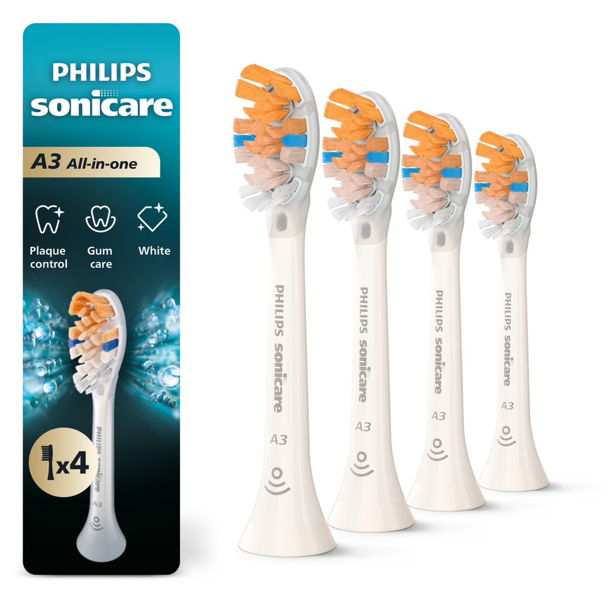 Philips Sonicare A3 All-in-One Brush Heads, 4-Pack, 1 Year Supply, White