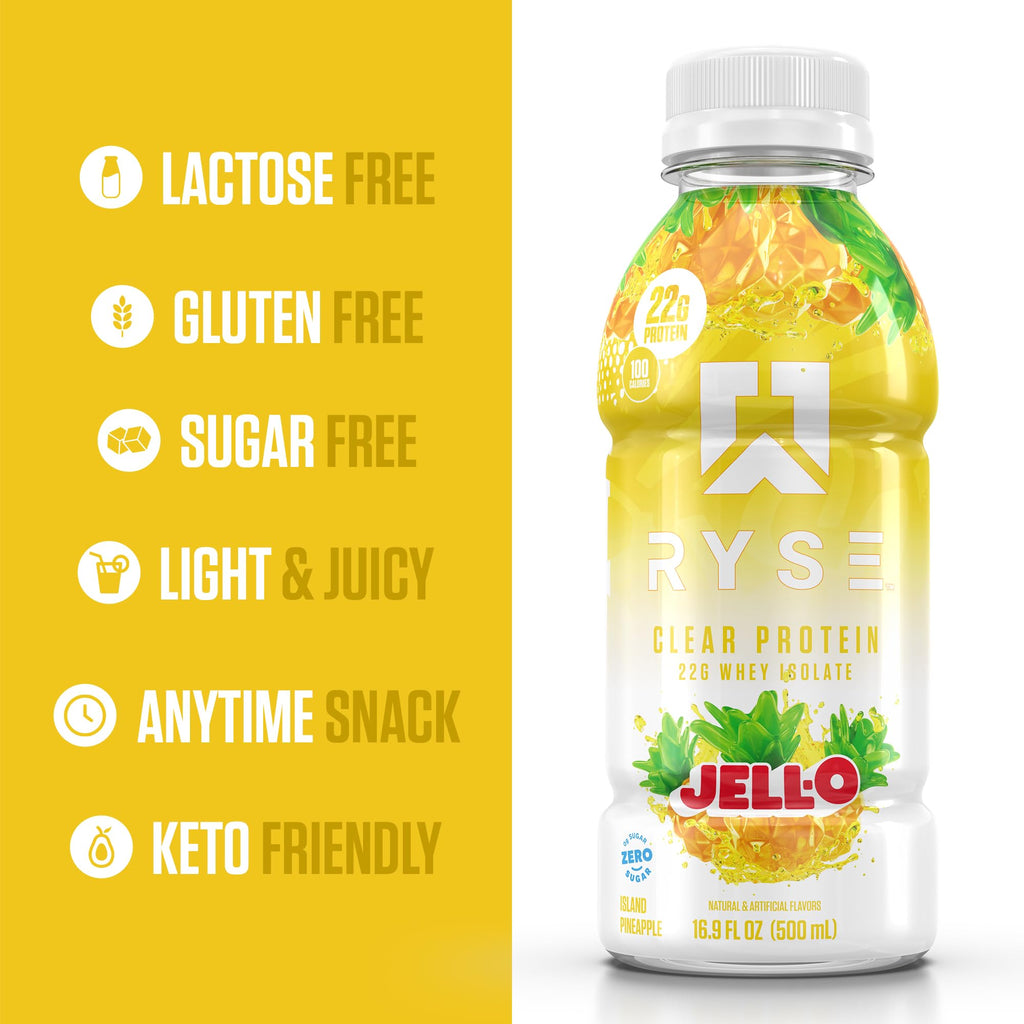 RYSE Clear Protein Drink - Jell-O Island Pineapple - 100 Calories, 22g Whey Isolate Protein Shake, Sugar-Free, 0g Fat & Lactose-Free - Refreshing Ready-to-Drink Beverage - 16.9 fl oz Bottles (12-Pack)