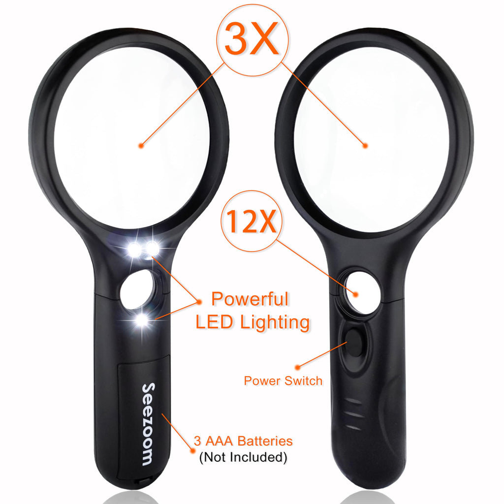 SeeZoom Magnifying Glass with Light, 3X Large Lens + 12X High Power Lens, Lighted Magnifying Glass Handheld Reading Magnifier for Seniors, Small Print, Coins & Jewelry, LED Light