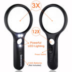 SeeZoom Magnifying Glass with Light, 3X Large Lens + 12X High Power Lens, Lighted Magnifying Glass Handheld Reading Magnifier for Seniors, Small Print, Coins & Jewelry, LED Light