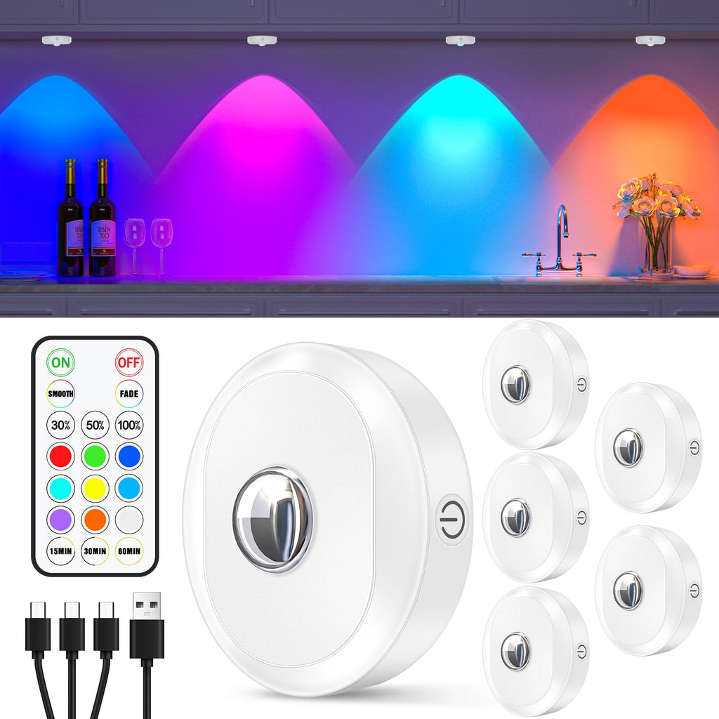 WILLED RGB Rechargeable Puck Lights with Remote Control, Under Cabinet Lighting Wireless, Dimmable Push Lights, Multicolor and Timing Function, LED Puck Lights for Kitchen, Cabinet and Shelf(6 Pack)