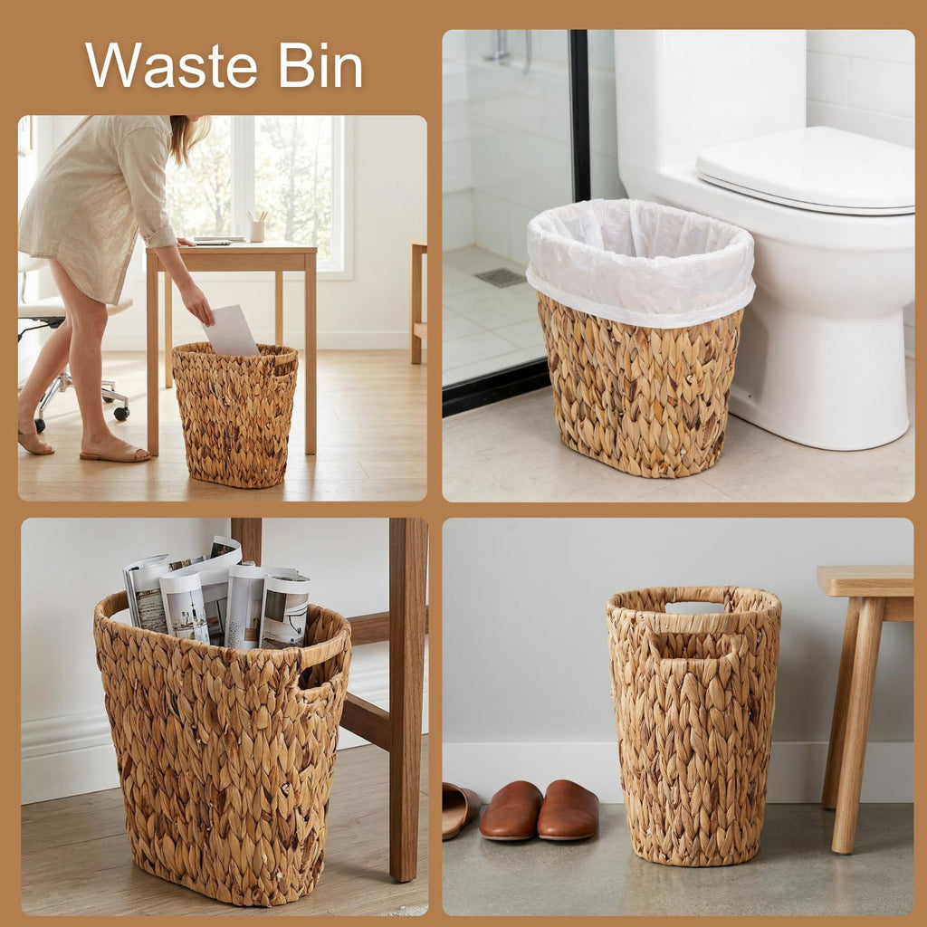 Pumtus Woven Trash Can, Handwoven Bathroom Waste Basket with Built-in Handles, Water Hyacinth Storage Bin, Garbage Laundry Magazine Container for Bedroom, Kitchen, Office, Utility Room