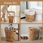 Pumtus Woven Trash Can, Handwoven Bathroom Waste Basket with Built-in Handles, Water Hyacinth Storage Bin, Garbage Laundry Magazine Container for Bedroom, Kitchen, Office, Utility Room