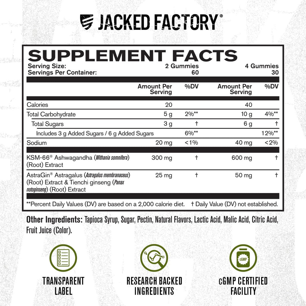 Jacked Factory Ashwagandha Gummies - KSM 66 Ashwagandha Gummies (600mg Per Serving) - Enhance Cognitive Function, Boost Mood, and Promote Hormonal Balance - 120 Gummies, Cherry Splash