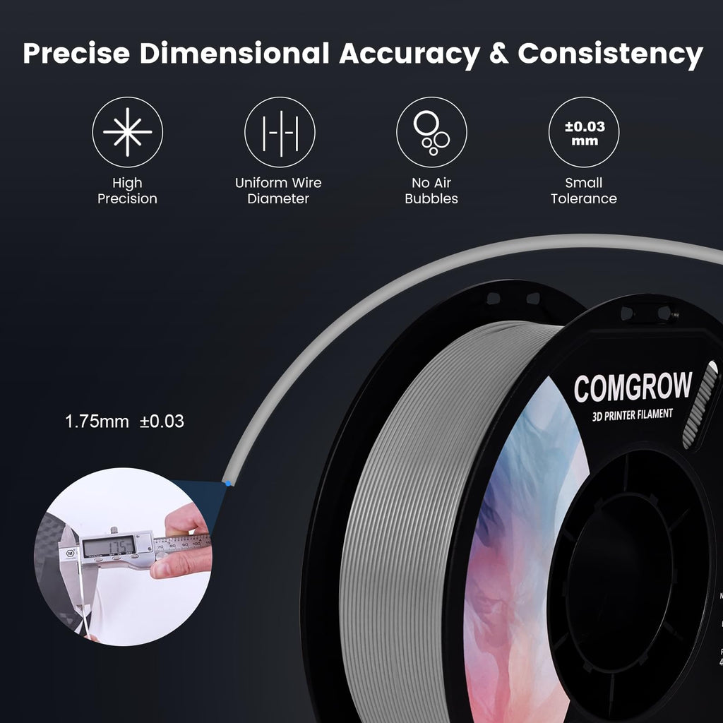 Comgrow PLA 3D Printer Filament, 3D Printer PLA Filament 1.75mm, Dimensional Accuracy +/- 0.02 mm, 2 Rolls of 1KG Spool PLA Grey