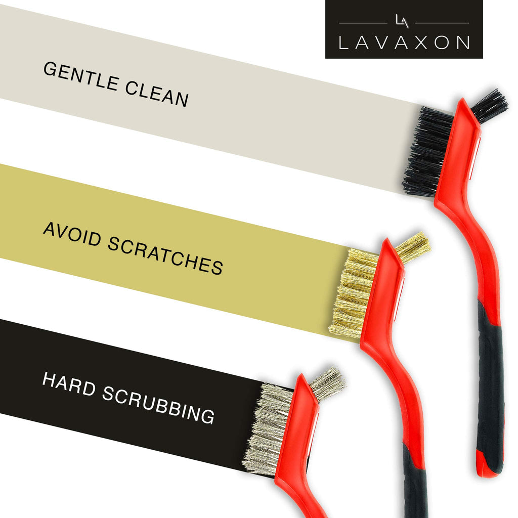 Wire Brush Set 3PCS - Nylon/Brass/Stainless Steel Bristles with Curved Handle Grip for Rust, Dirt & Paint Scrubbing with Deep Cleaning – 7 Inches (Red)