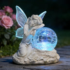 RATUEJIA Solar Fairy Garden Statue, Outdoor Waterproof Resin Fairy Figurine Lights with Cracked Glass Ball, Fairy Garden Decor for Yard Patio Lawn, Ideal Gift for Women & Garden Lovers