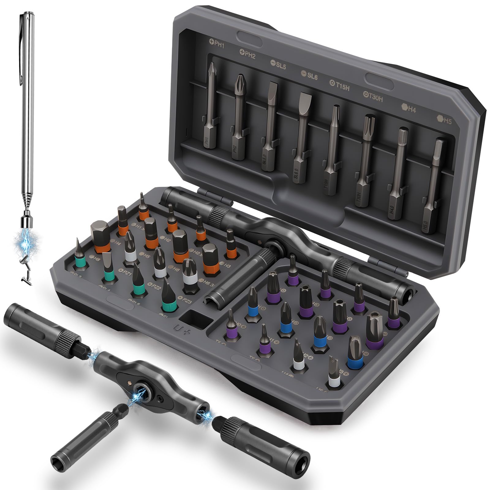 KELIN Magnetic Ratchet Screwdriver Set, 43 in 1 T Handle Ratchet Screwdriver Kits with S2 Steel Bits, Ratcheting Screwdriver for Home Daily Repair, DIY Projects, Ideal Gift for Men Husband