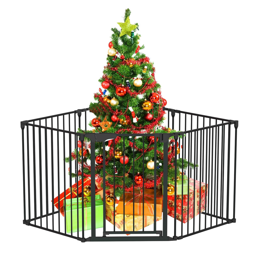 Bonnlo 120 Inches Wide Configurable Baby Gate, Fireplace Safety Fence/Guard, Adjustable 5-Panel Metal Play Yard for Toddler/Pet/Dog, Christmas Tree Fence, Includes 4 Pack of Wall Mounts, Black