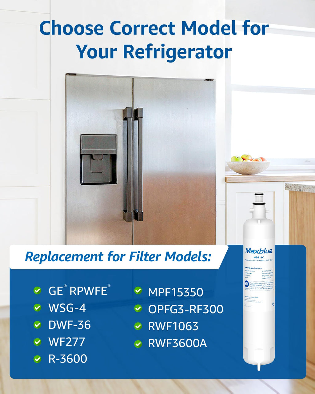 Maxblue MB-F19C Replacement for GE® RPWFE®, RPWF (with CHIP) Refrigerator Water Filter, Compatible with WSG-4, WF277, GFE28GMKES, PFE28KBLTS, GFD28GSLSS, PWE23KSKSS, GYE22HMKES, DFE28JSKSS, 3 Filters