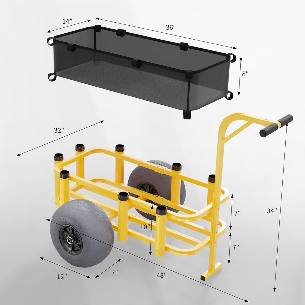 Bonnlo Fishing Cart, Beach Wagon with 13" Big Wheels for Sand, Beach Cart, 300 lbs Load Capacity, 8 Fishing Rods Holders, Mesh Bag, Hand Pump