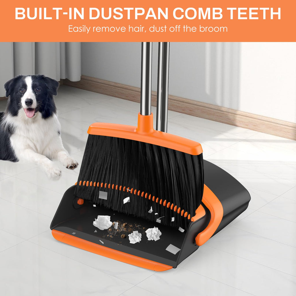 EZKEY Broom and Dustpan Set for Home, 51-in Long Adjustable Handle Angle Broom and Dustpan Combo Set with Dust Pan Teeth to Clean Hair for Home Kitchen Office Lobby Floor Garden, Black Orange