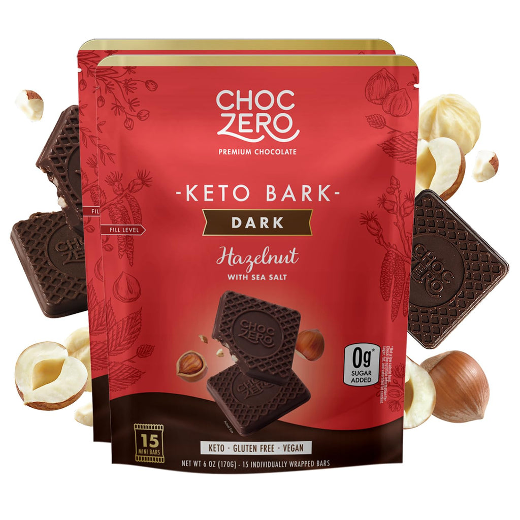ChocZero Keto Bark, Dark Chocolate Hazelnut with Sea Salt, Sugar Free, Low Carb, No Sugar Alcohols, No Artificial Sweeteners, All Natural, Non-GMO, 6 Ounce (Pack of 2)