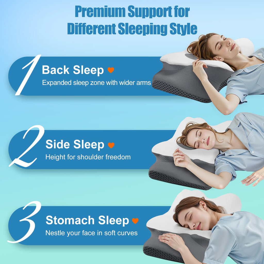 TranquilMoments Cervical Neck Pillow for Sleeping, Memory Foam Pillow for Neck Support, Ergonomic Pillow for Pain Relief, Contour Bed Pillow for Side Back Stomach Sleepers, Grey, Queen Size