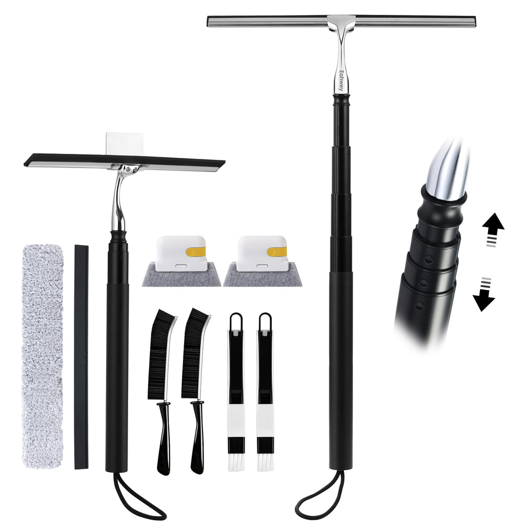 Eahwey 12-51’’ Telescopic Window Squeegee for High Windows, 2-in-1 Window Cleaning Kit with Extra Silicone Blade & Hook, Professional Squeegee for Shower Glass Doors (Window Squeegee Set)