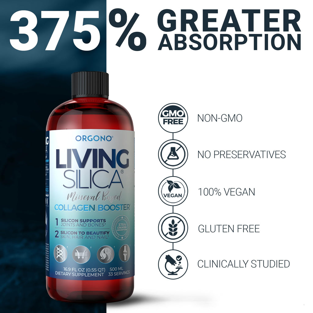 Orgono Living Silica Collagen Booster | Vegan Mineral-Based Silica Supplement | Supports Healthy Collagen & Elastin Production for Joint & Bone Support, Glowing Skin, Strong Hair & Nails | 16.9 Fl Oz