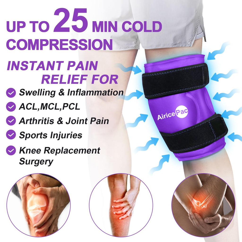 AiricePac 2 Ice Pack for Knee Pain Relief, Reusable Gel Ice Wrap for Injuries, Swelling, Knee Replacement Surgery, Cold Compress Therapy for Arthritis, Meniscus Tear and ACL, Purple