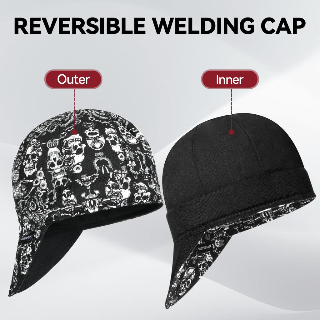 ARCCAPTAIN Reversible Welding Cap, 8 Panel Protective Welders Cap, 10 oz Fireproof Cotton Comforts for Safety and Protection While Welding to Men Women, Skeleton, 7 5/8