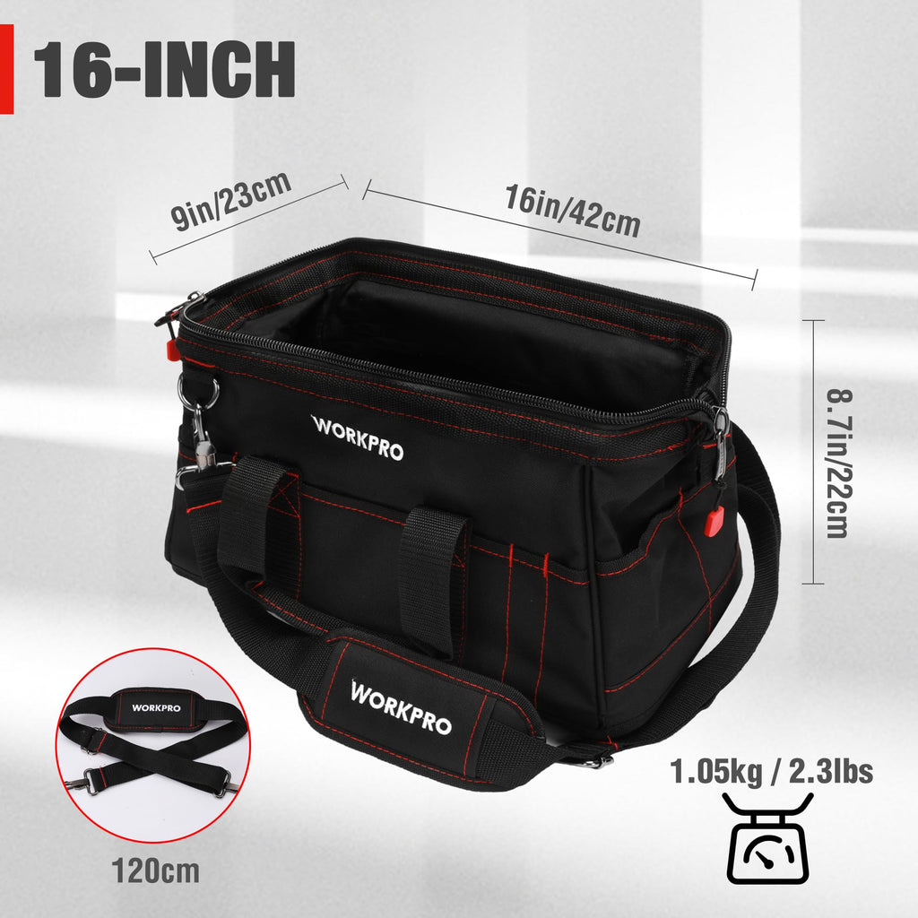WORKPRO 16-inch Close Top Wide Mouth Tool Storage Bag with Water Proof Rubber Base, W081022A, 16"