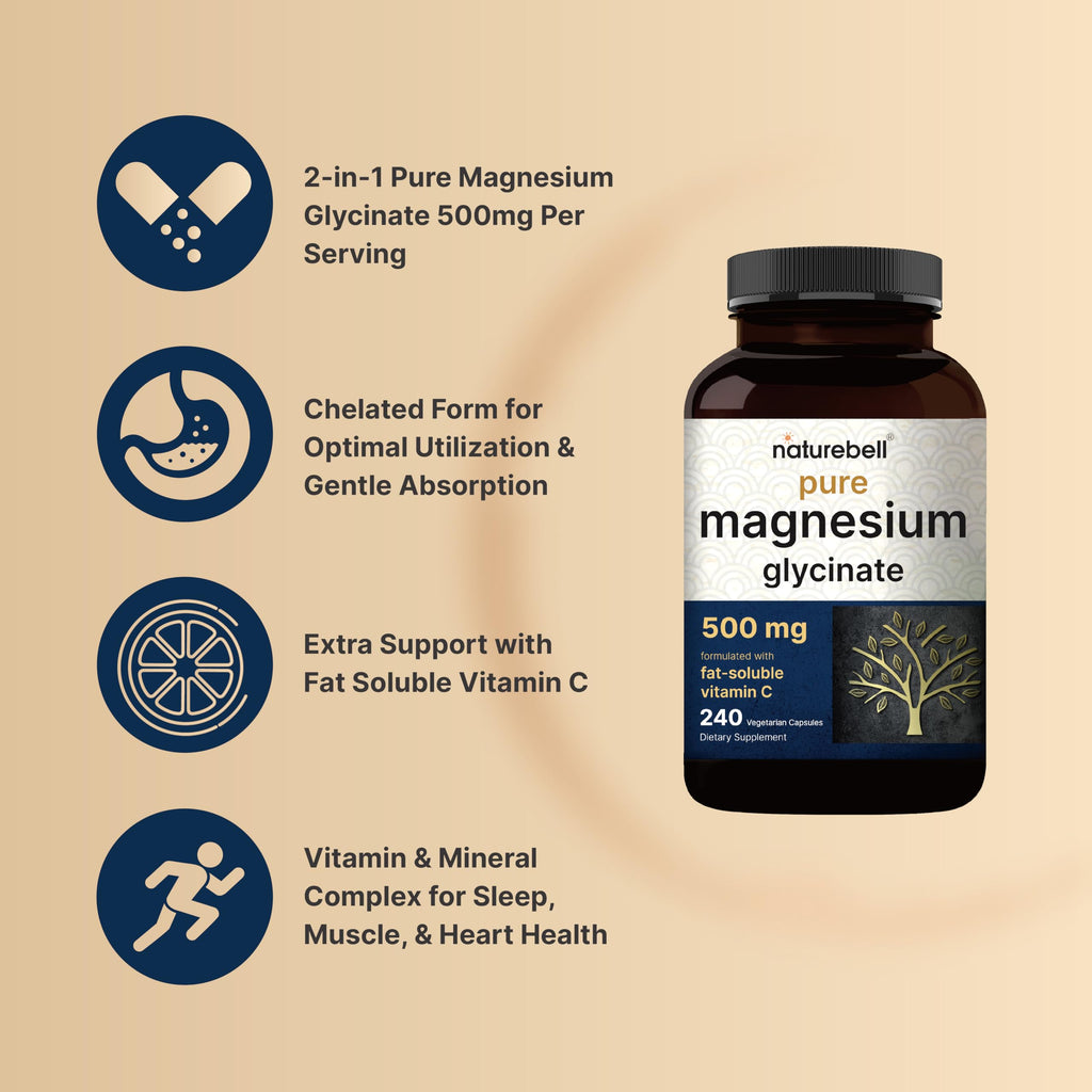 Pure Magnesium Glycinate 500mg with Fat Soluble Vitamin C, 480 Veggie Capsules (2 Pack) – 100% Chelated & Purified – 3rd Party Tested, Filler Free, Vegan Friendly, Non-GMO