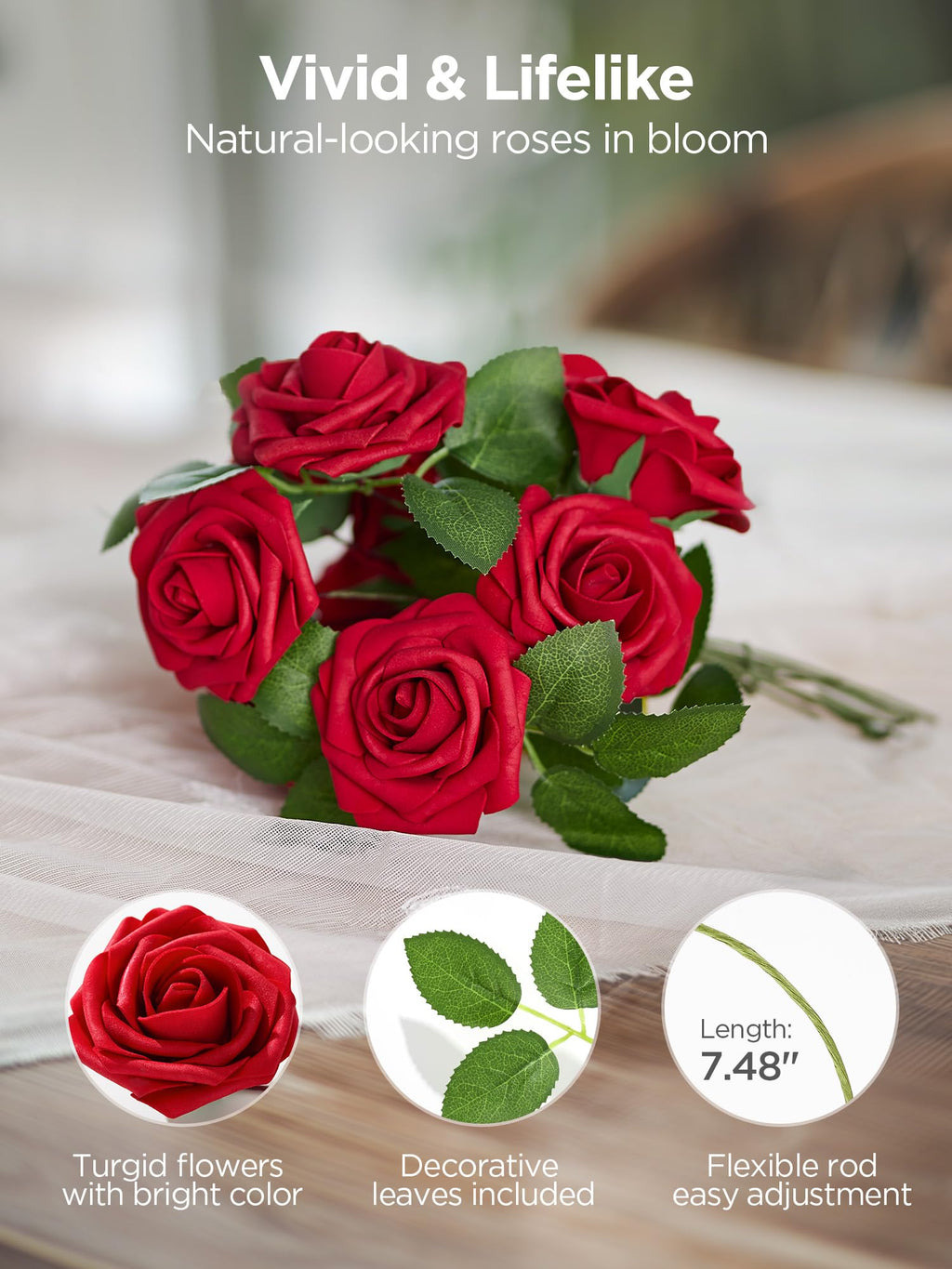 InnoGear Fake Roses 50 Pcs Dark Red Flowers Artificial Faux Foam Floral