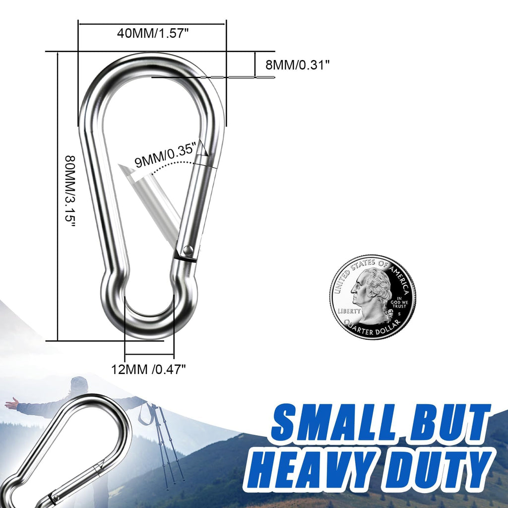 Carabiner Clip Hooks, 50pcs 3.15 inch Carabiners Heavy Duty, 304 Stainless Steel Spring Snap Hook Fits Camping Hiking, Metal Clips for Rope Chain Keys Rings