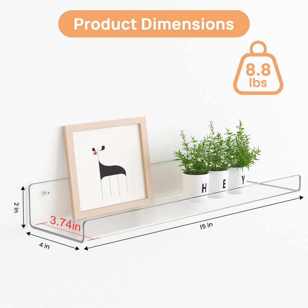 upsimples 15" x 4" Acrylic Shelves for Wall Storage and Organizer, 6 Pcs