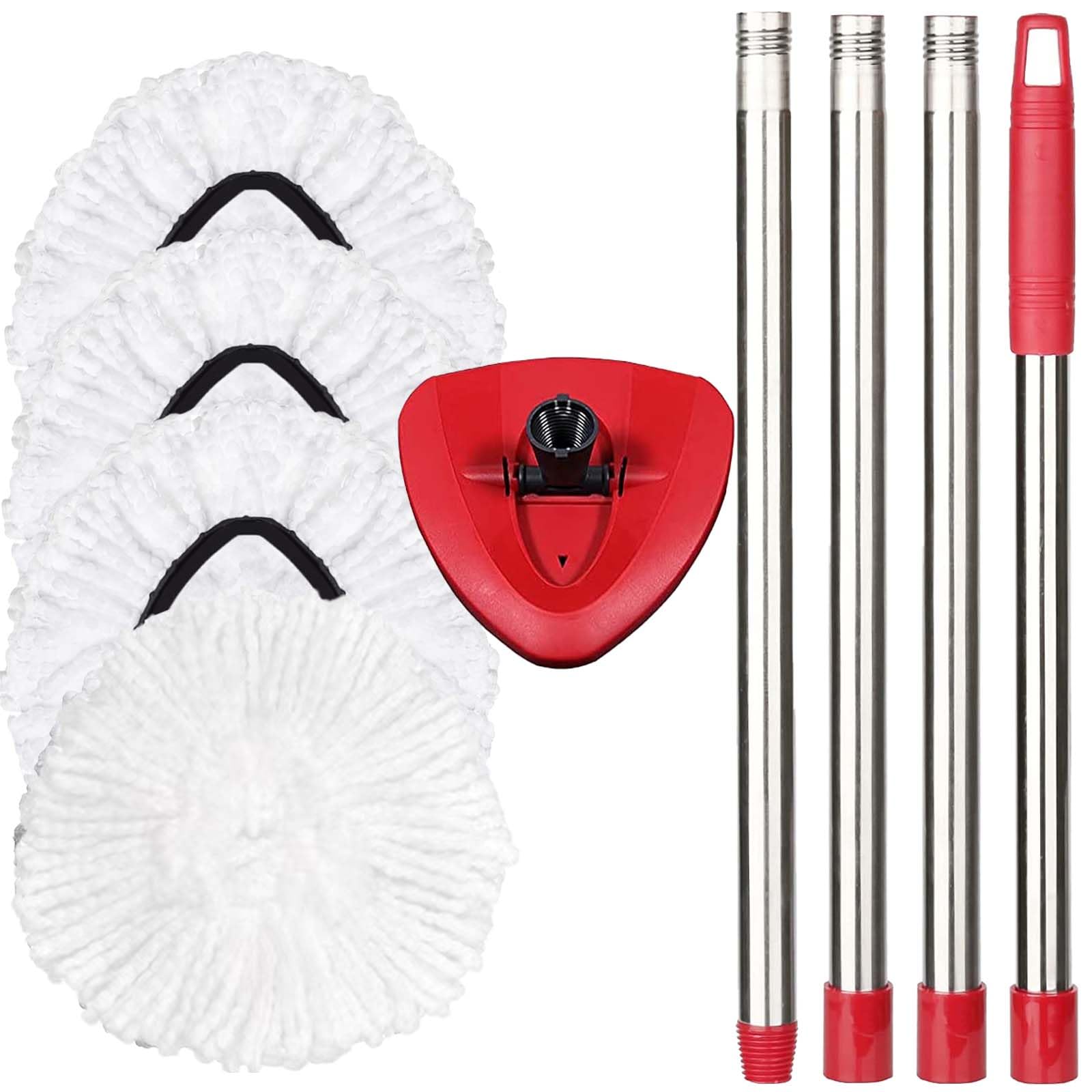 FOOKCIAN Spin Mop Replacement Set - 4 Microfiber Heads, Base, 30-58'' Handle Compatible with OCedar EasyWring - White (1 Can System)