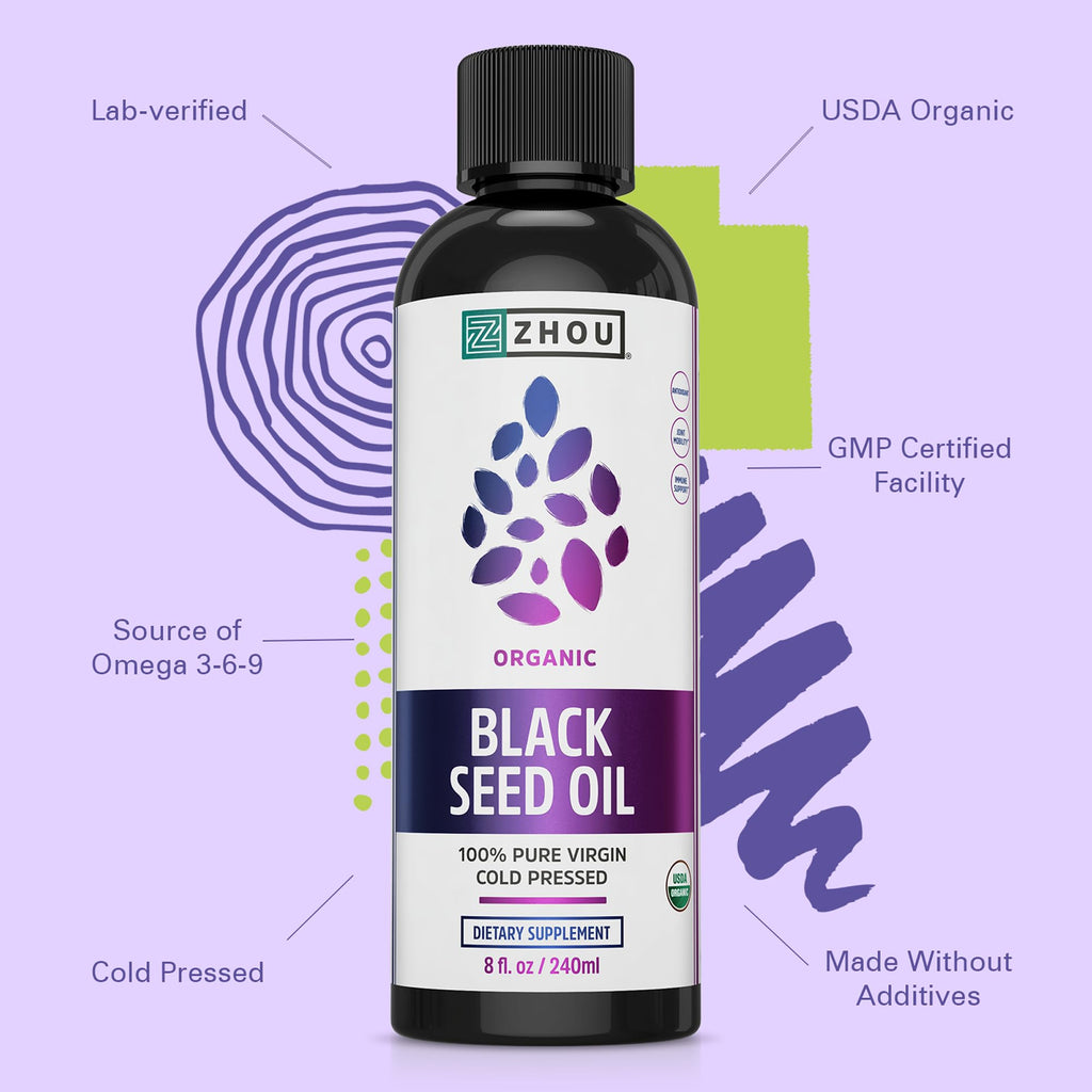 Zhou Organic Black Seed Oil - Black Cumin Seed Oil Cold Pressed, Nigella Sativa, Pure Unrefined Blackseed Liquid, Premium Supplement for Health with Thymoquinone, Omega 3 6 9 - 8 Fl Oz (Pack of 1)