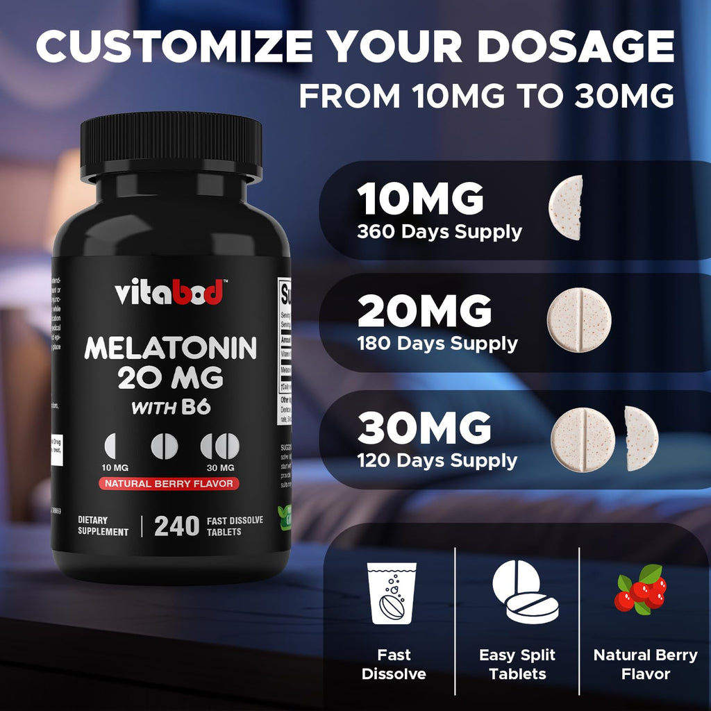Vitabod Melatonin 20 mg - 240 Fast Dissolve Tablets - Drug Free - Natural Berry Flavor - Vegetarian, Non-GMO, Gluten Free 240 Count (Pack of 3)