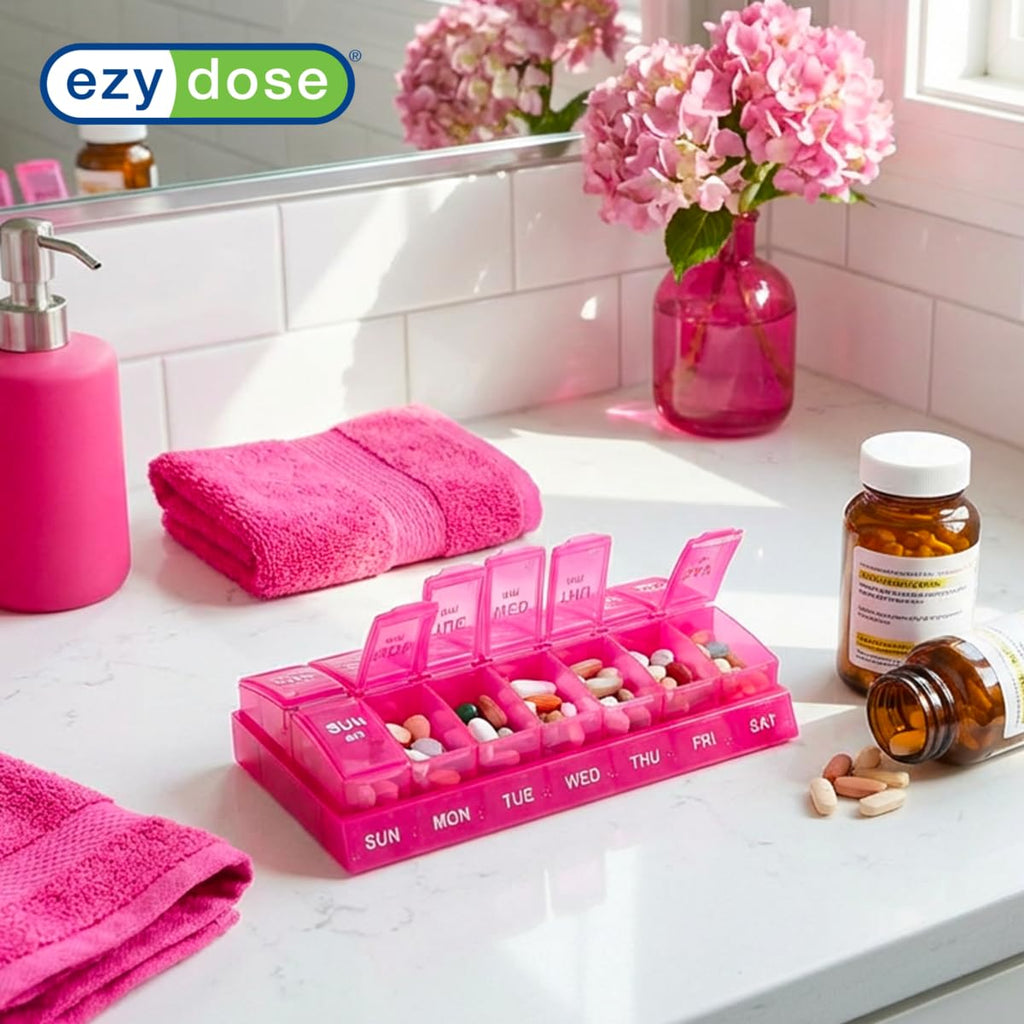 EZY DOSE Weekly, AM/PM Daily Pill Organizer, 7-Day Medicine Planner, Vitamin Container, Small Pop-Out Compartments, 2 Times a Day Pill Holder, Pink, Travel-Friendly, BPA Free