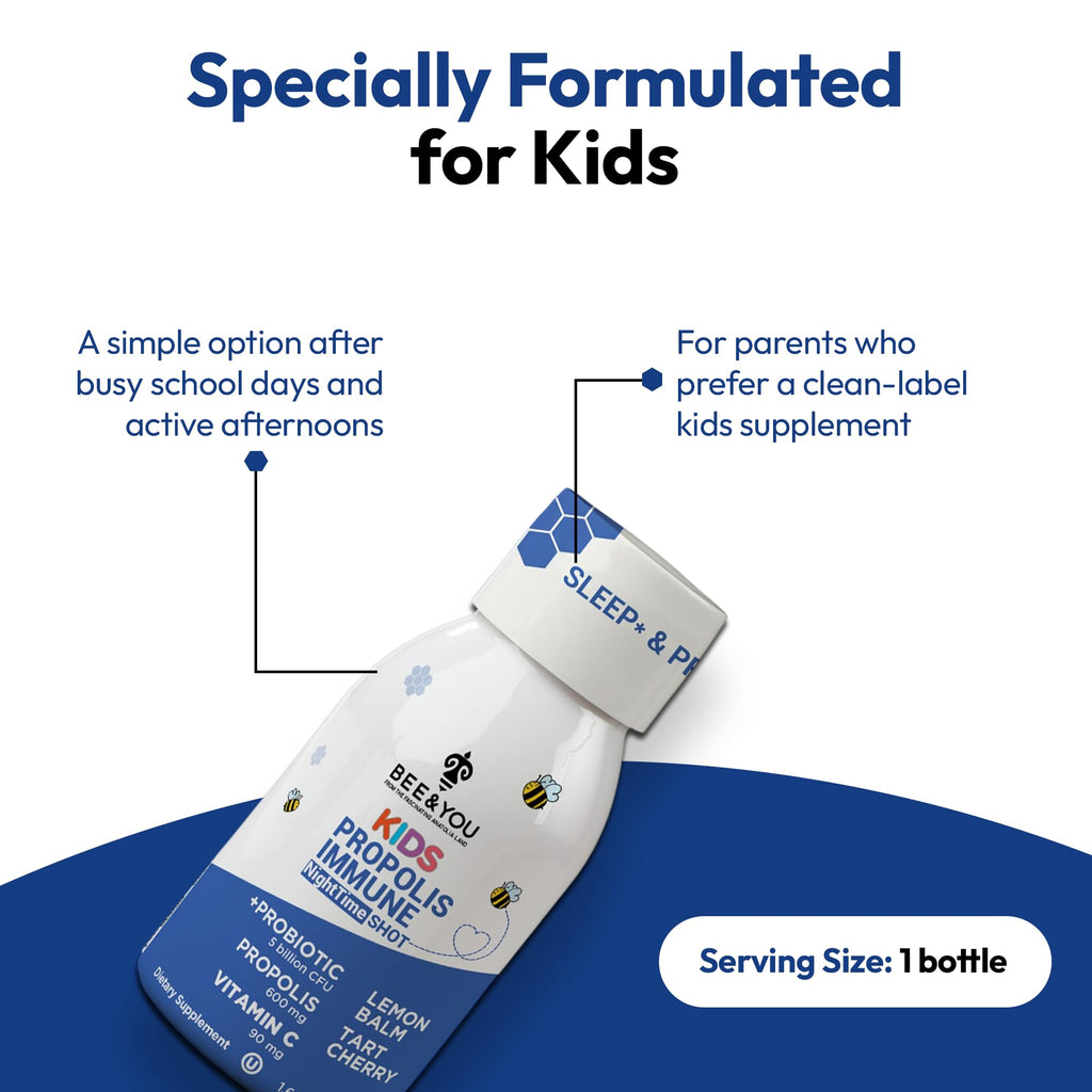 Bee and You Kids Propolis Immune Night Time Shot - Probiotic, Lemon Balm, Tart Cherry, Sleep Support, Immune Support, Gut Health 1.69 Fl. oz, 12 Pack