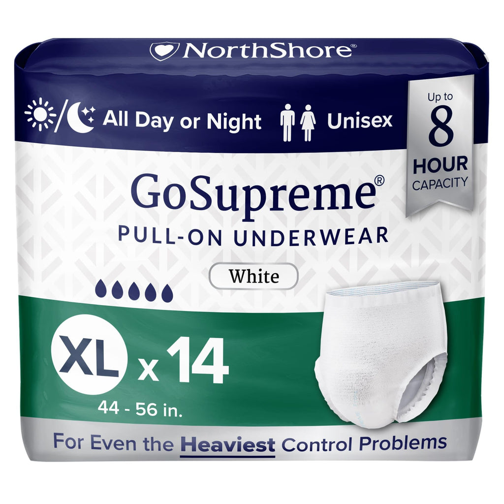 NorthShore GoSupreme Overnight Pull-On Underwear, 8-Hour Leak Protection, X-Large, 14-Count Bag, White, (44-56 in Waist), Unisex Adult Diapers
