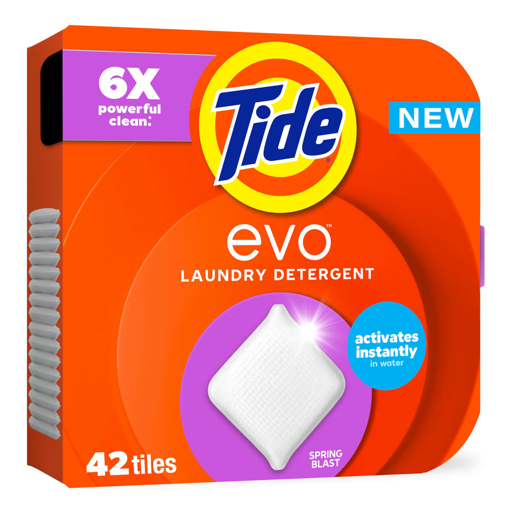 Tide evo Laundry Detergent Spring Blast Scent Works on 100% of Common Stains Concentrated Travel Detergent HE Compatible and Instant Dissolve Fights Stains Better than Leading Detergent Sheet 42 Count