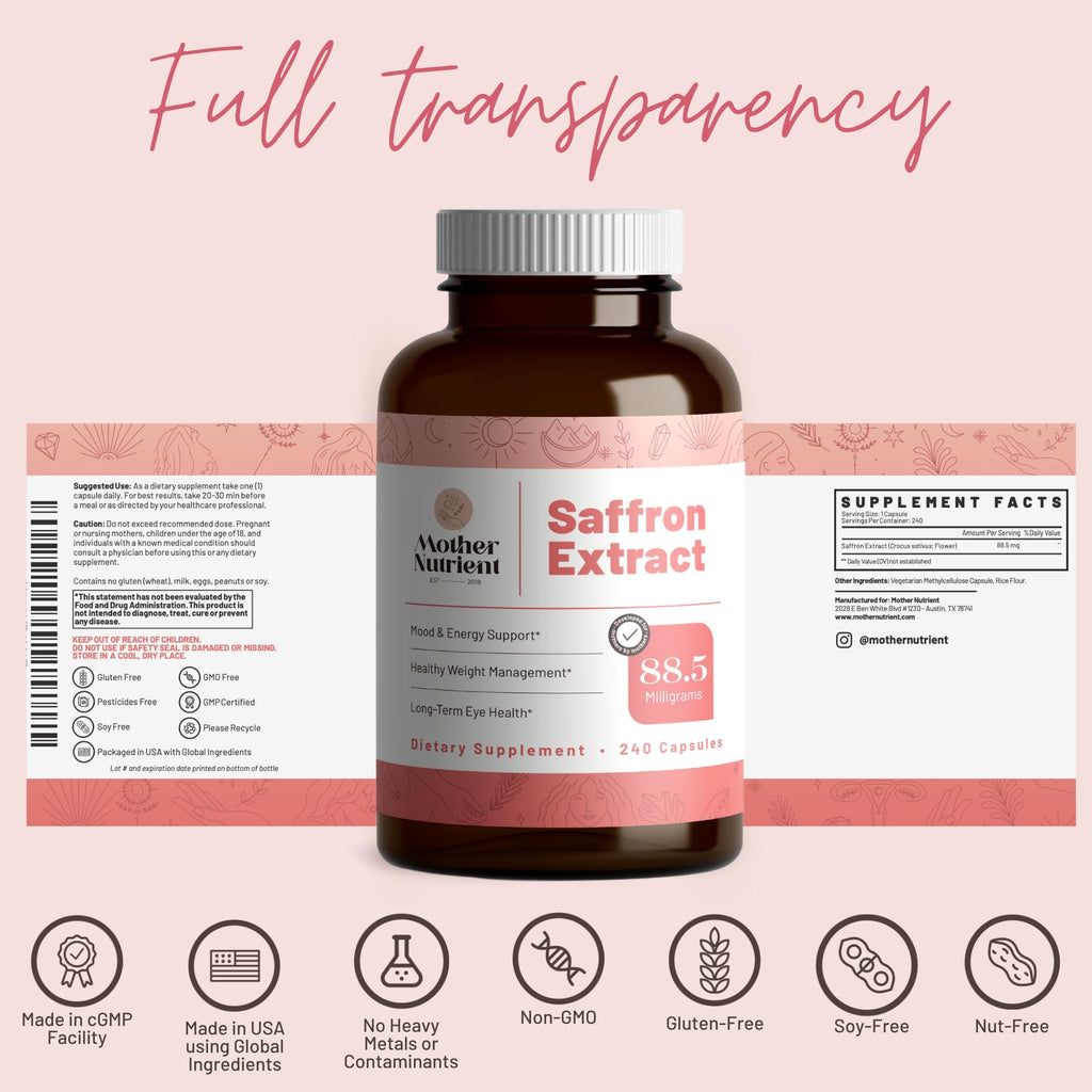 Mother Nutrient - Saffron Extract Supplements for Women & Men, Pure Saffron Extract Supplement, Pure Crocus Sativus - Non-GMO, Vegan-Friendly, 88.5mg per Serving - 240 Veggie Capsules, 7-Month