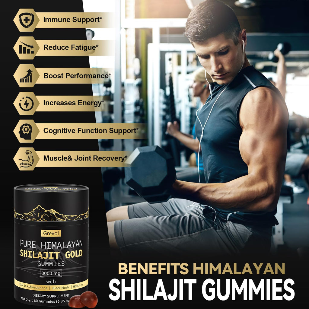 Grevol Himalayan Shilajit Gummies: Gold Grade Shilajit Riched with Ashwagandha Fulvic Acid & 85+ Trace Minerals - No Added Sugar - Individually Wrapped - for Men & Women - 60 Gummy