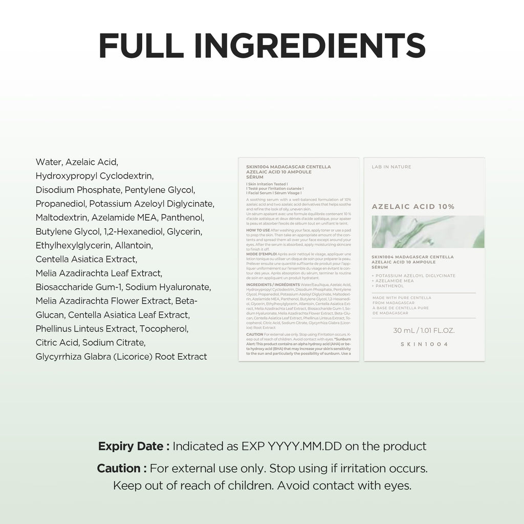 SKIN1004 Azelaic Acid 10% Ampoule, Korean Facial Centella Serum,1.01 fl.oz
