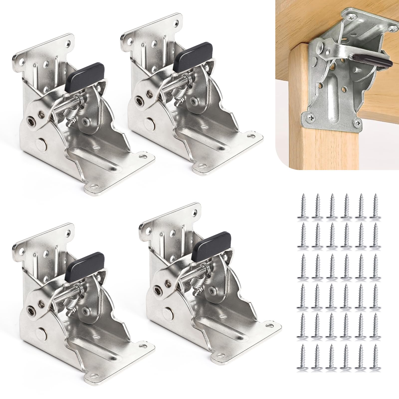 4 Pack Locking Hinge for Folding Leg Brackets,Heavy Duty Folding Brackets 90 Degree Self Locking Folding Hinge for Table Legs Furniture（Silver）