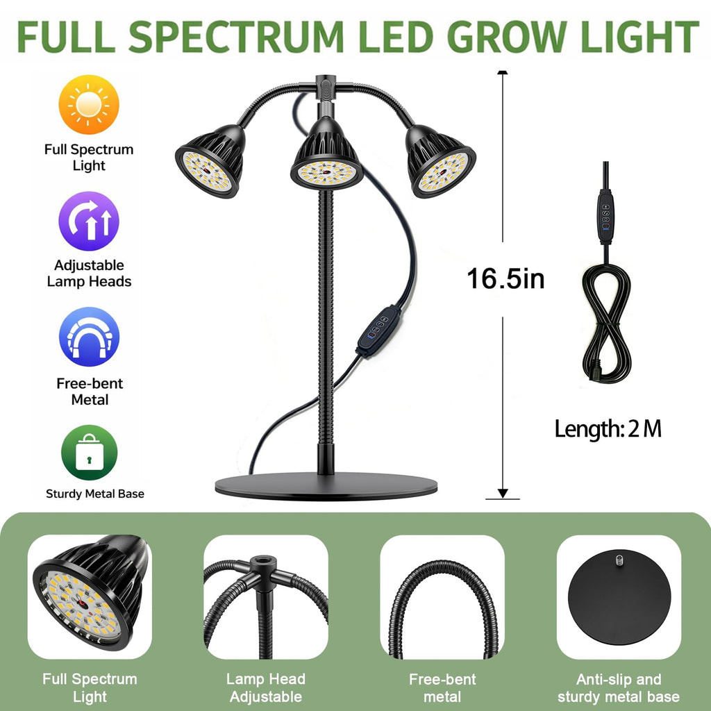 QCQHDU Grow Lights for Indoor Plants Full Spectrum,81 LED Triple-Bulb Plant Growing for Seed Starting Lamp with 3/9/12H Timer,Adjustable Gooseneck with Base,3 Switch Modes