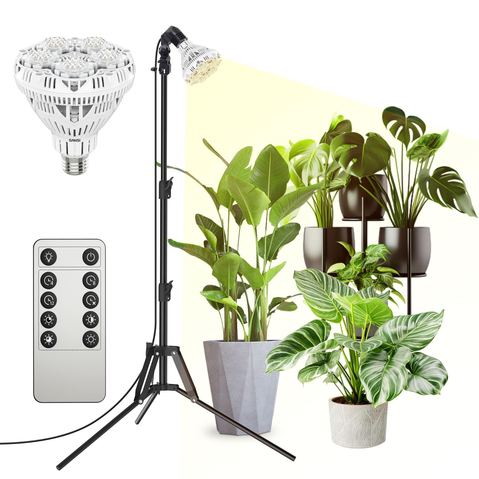 SANSI Grow Lights for Indoor Plants, 4 Dimmable Levels 30W Full Spectrum Plant Lights for Indoor Growing, Tripod Stand Adjustable 30"-55" Plant Grow Light with Remote Control Auto Timer
