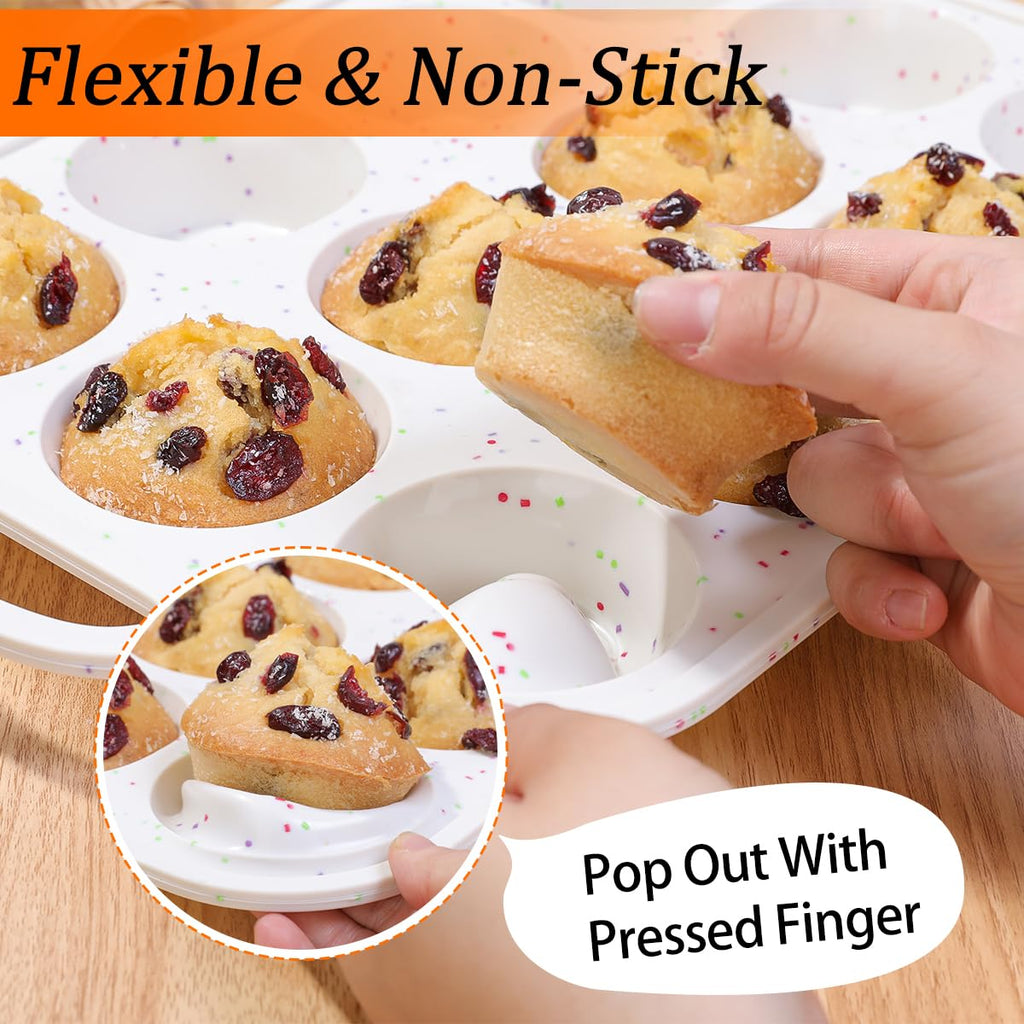 Silicone Muffin Pan, with Metal Reinforced Frame 2.8 Inch Regular Size Silicone Cupcake Pan Nonstick 12 Cups for Baking Homemade Muffins, Cupcakes, Egg Bites 2 Pack Dishwasher Safe BPA Free