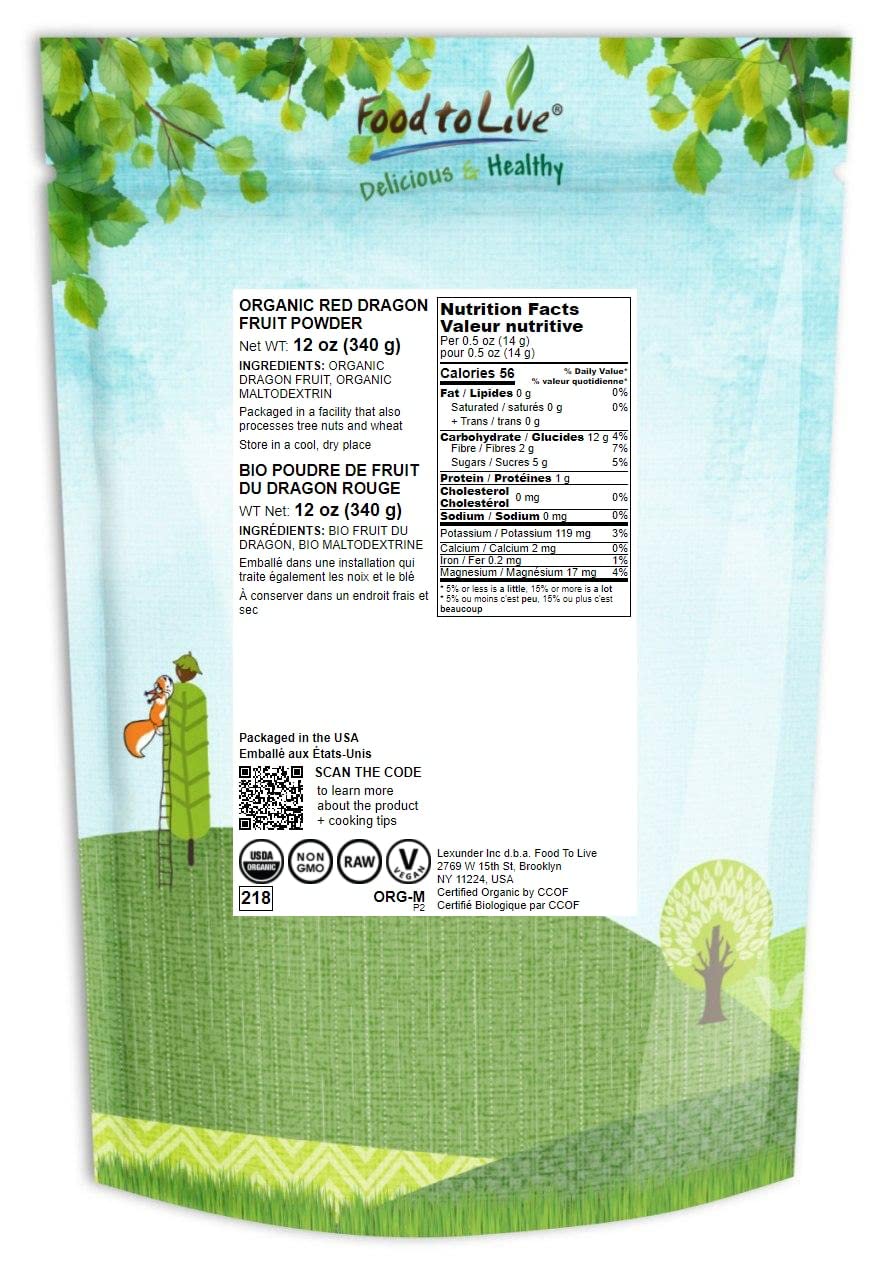 Food to Live Organic Dragon Fruit Juice Powder, 12 Ounces – Non-GMO, Powdered Red Pitaya, Vegan, Bulk. Contains Maltodextrin. Rich in Antioxidants, Fiber, Vitamin C. Perfect for Shakes, Smoothie Bowls