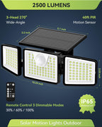 daphino 2500LM Solar Lights Outdoor with Motion Sensor,3 Head 270° Wide Angle Street Area Lights,IP65 Waterproof Security Lighting with 3 Modes(Remote,3 Pcs)