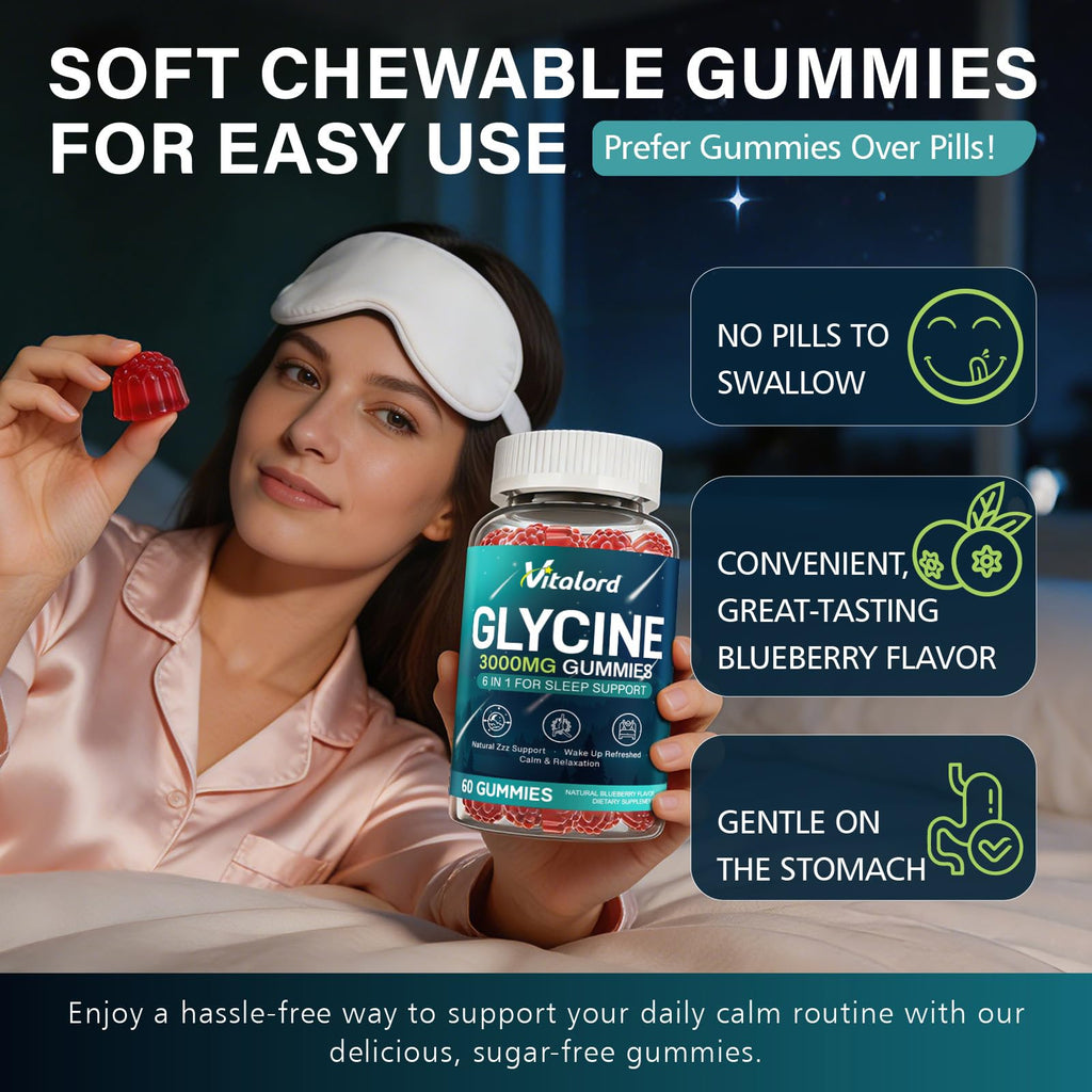 Glycine Gummies Sugar Free, Glycine Supplement for Adults, with L Alanine, L Theanine, Magnesium Glycinate, Vitamin B6 & Valerian Root Extract, for Adults, Blueberry Flavor, 60 Gummies