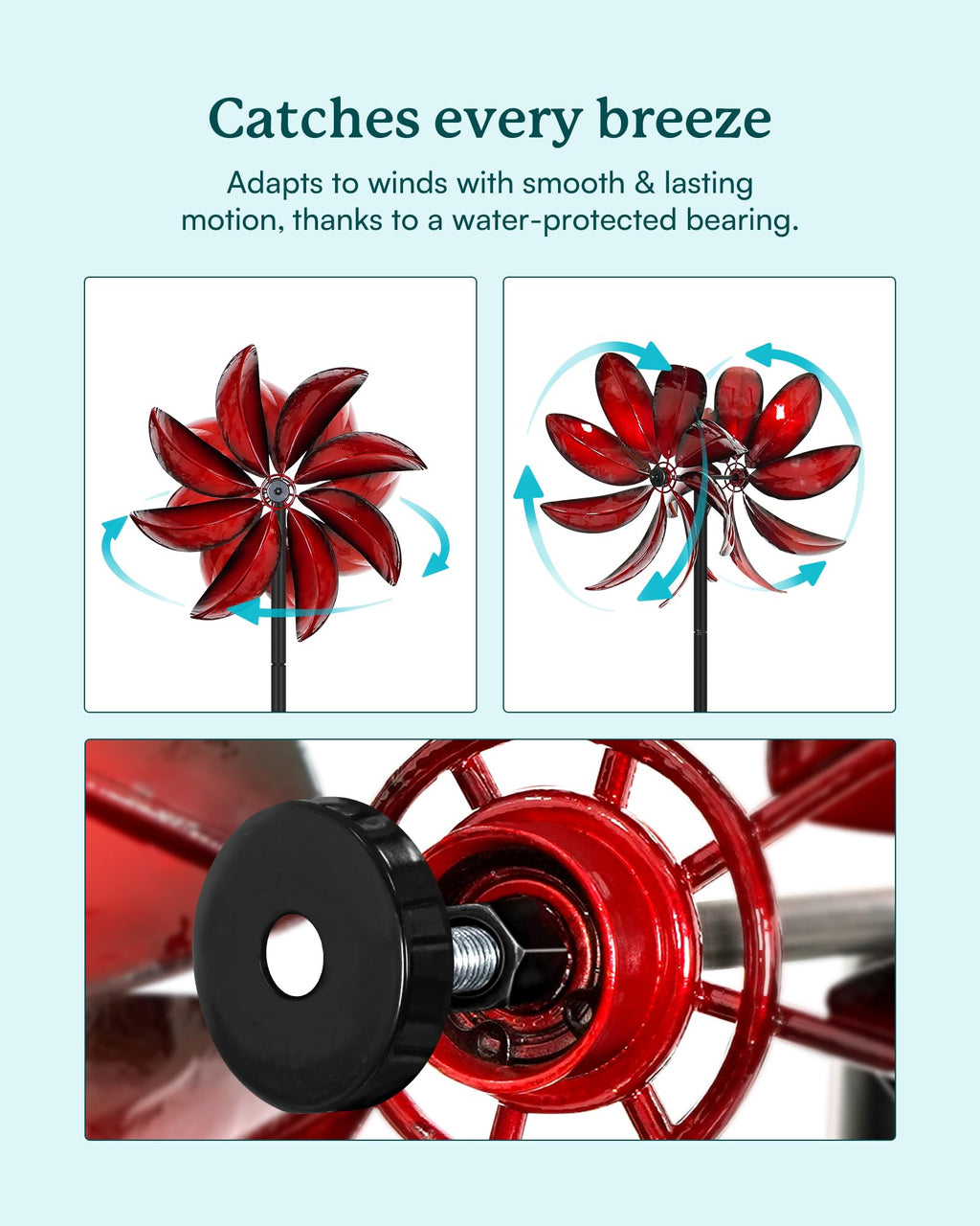 Cyan Oasis Wind Spinners Outdoor - Red Metal Windmill with Stake for Yard and Garden, Kinetic Wind Sculptures & Spinners, Gift Decor Ideas for Garden Lovers (12" W x 70" H)