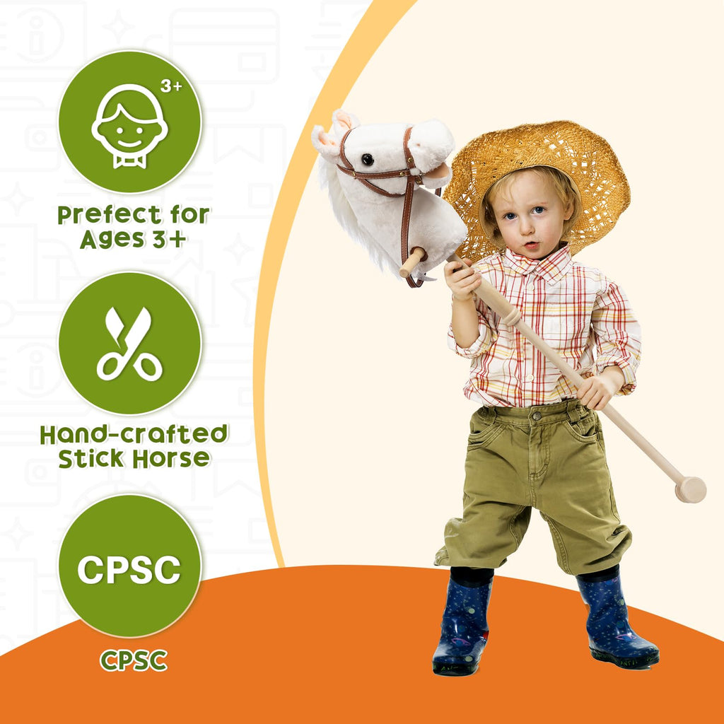 HollyHOME Stick Horse Plush Handcrafted Hobby Horse on a Stick with Wood Wheels Real Pony Neighing and Galloping Sounds for Kids Toddlers White 36 Inches(AA Batteries Required)