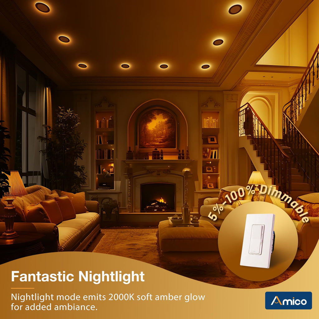 Amico 12 Pack Black 6 Inch 5CCT LED Recessed Ceiling Light with Night Light, 2700K/3000K/3500K/4000K/5000K Selectable Ultra-Thin Lighting, 12W=110W, 1100LM, Dimmable Canless Wafer Downlight - ETL&FCC