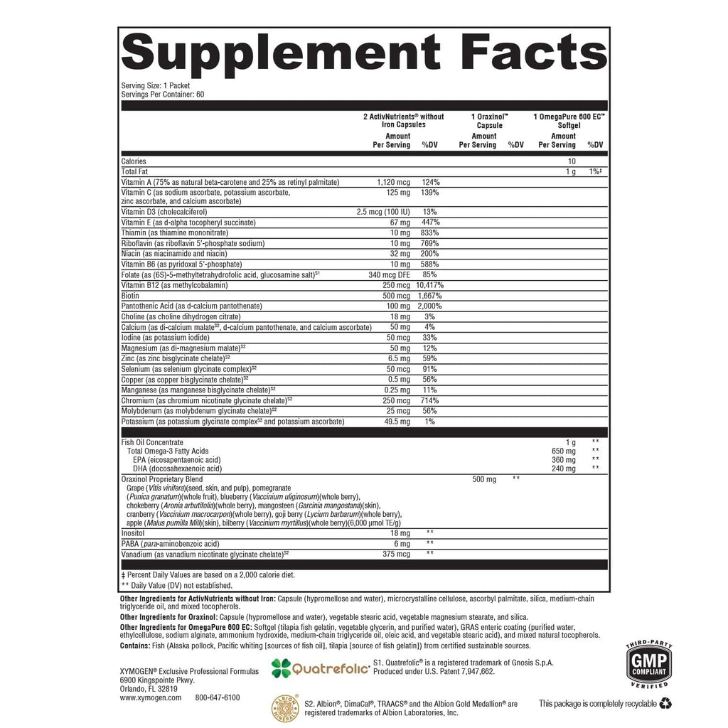 XYMOGEN ActivEssentials - ActivNutrients Iron-Free Multivitamin, Omega-3 Fish Oil & Calcium Complex - Nutritional & Antioxidant Support - Daily Dose Pack - Iron-Free & Gluten-Free - 60 Packets